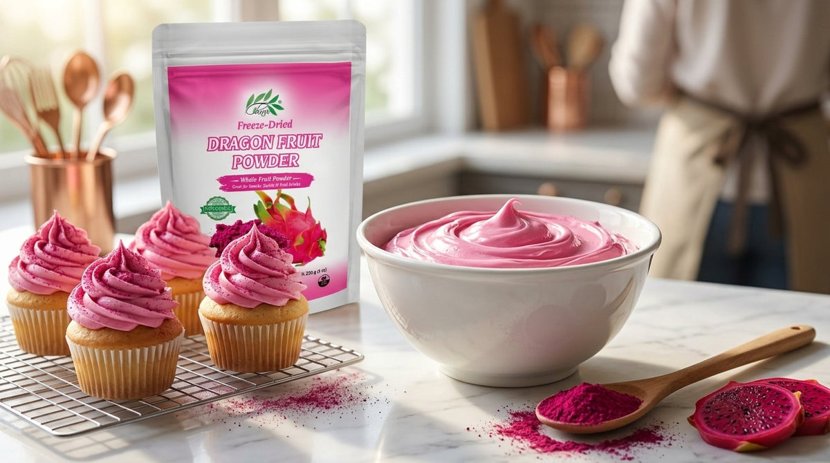 CHAVI freeze-dried pitaya dragon fruit powder natural pink buttercream frosting vanilla cupcakes baking station