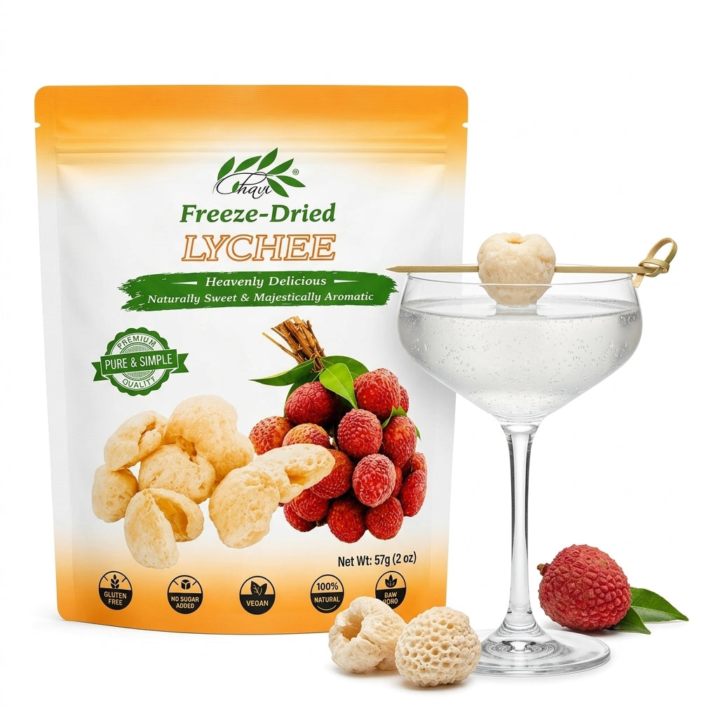 CHAVI freeze-dried lychee fruit 2 oz pouch with fresh and whole crispy lychees