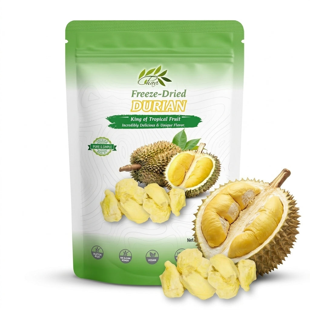 CHAVI freeze-dried Monthong durian chunks 2 oz resealable pouch with fresh durian fruit