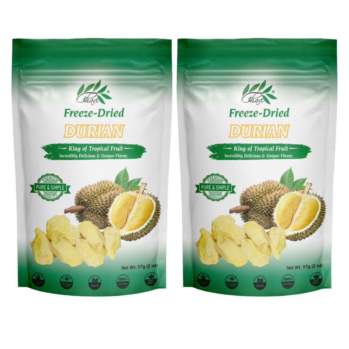 CHAVI freeze-dried durian pack of 2 pouches (4 oz total) crispy King of Fruits chunks