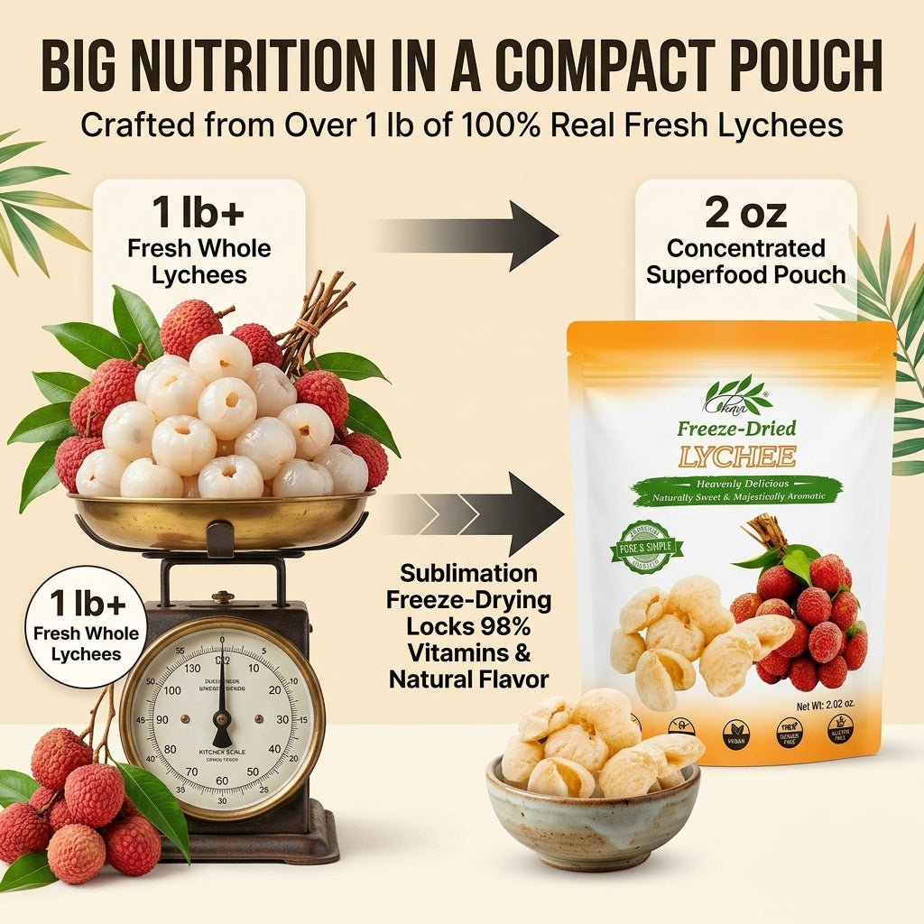 Over one pound of fresh Vietnamese lychees concentrated into each freeze-dried pouch