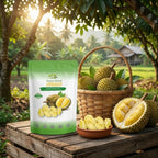 Orchard harvest of ripe Monthong durian fruits from sustainable Vietnamese tropical farm