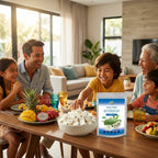 Family enjoying healthy crunchy freeze-dried soursop fruit snack