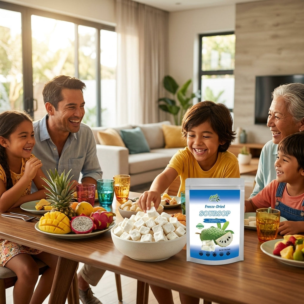 Family enjoying healthy crunchy freeze-dried soursop fruit snack
