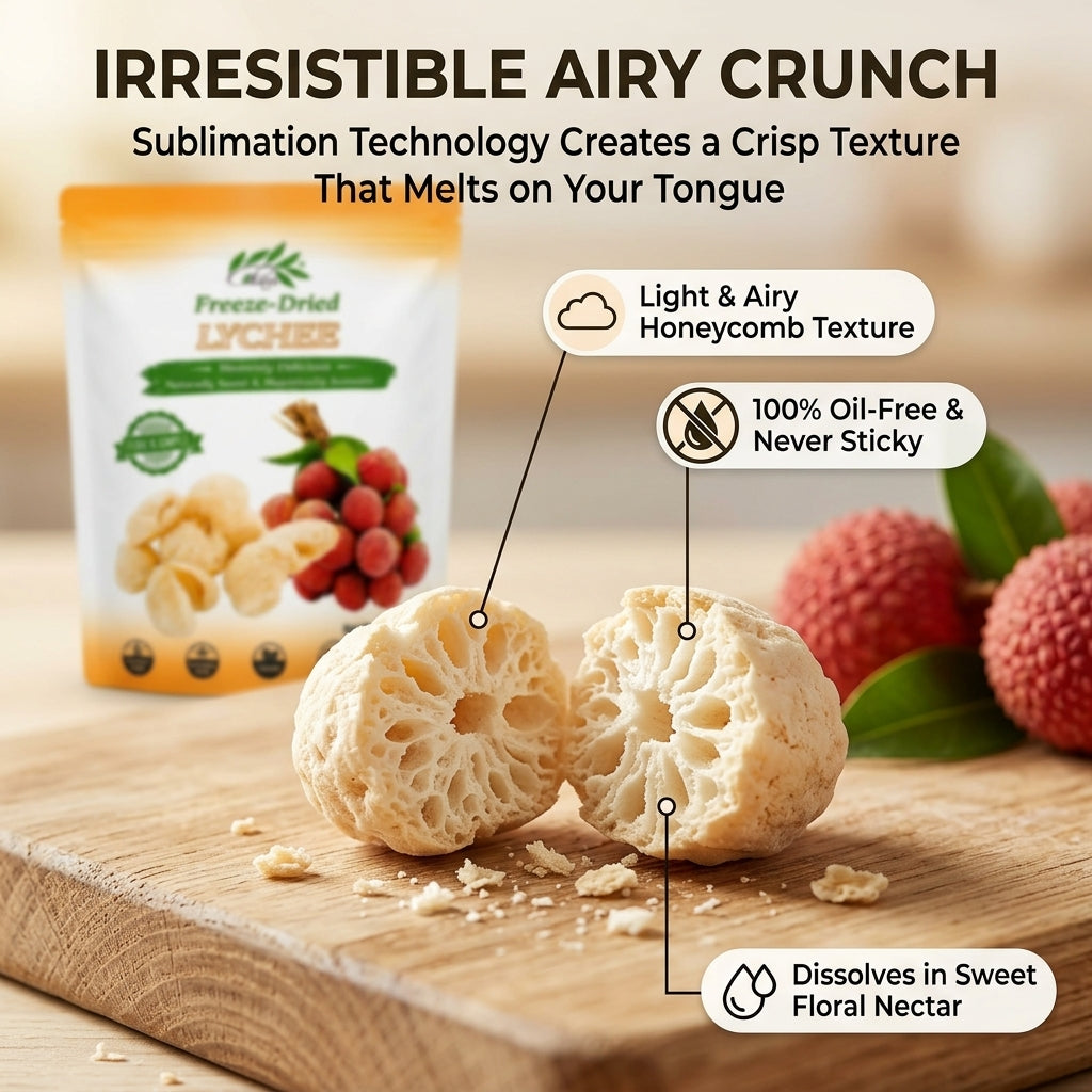 Macro view of light, airy and crispy freeze-dried whole lychee texture