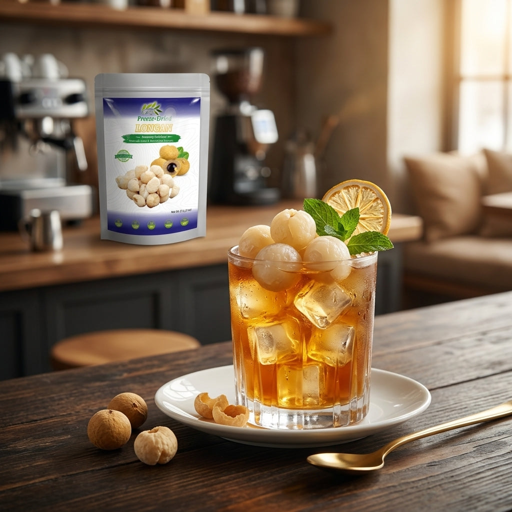 Exotic iced longan tea beverage and traditional dessert sweet soup prepared with CHAVI freeze-dried longan