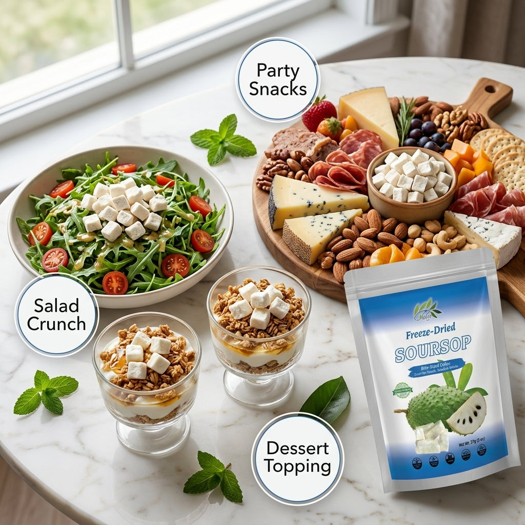 Freeze-dried soursop bites paired with yogurt bowl and cereal breakfast