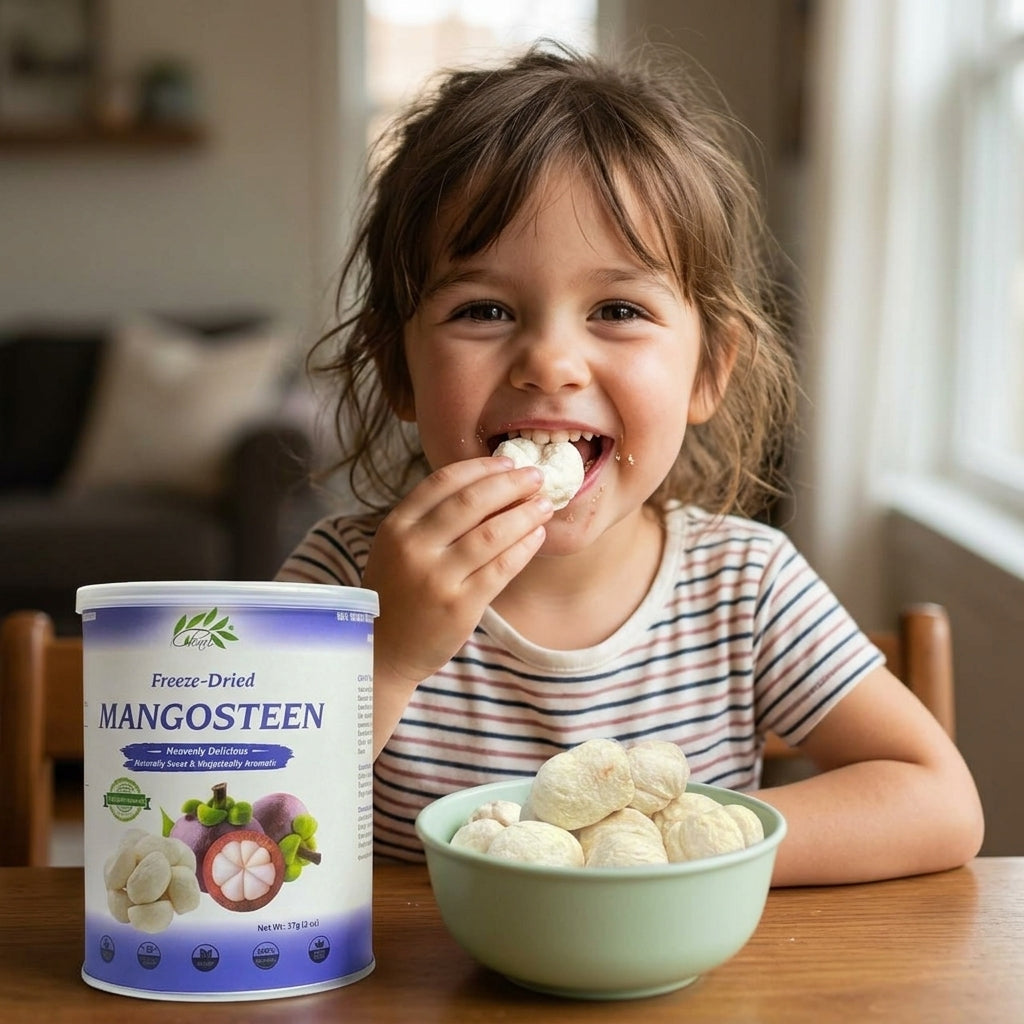 Crunchy bite of CHAVI freeze-dried mangosteen enjoyed as a wholesome family snack