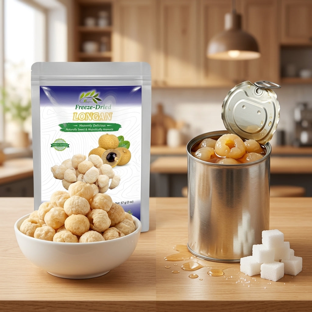 Clean label comparison of CHAVI 100% pure freeze-dried longan versus canned longan in heavy sugar syrup