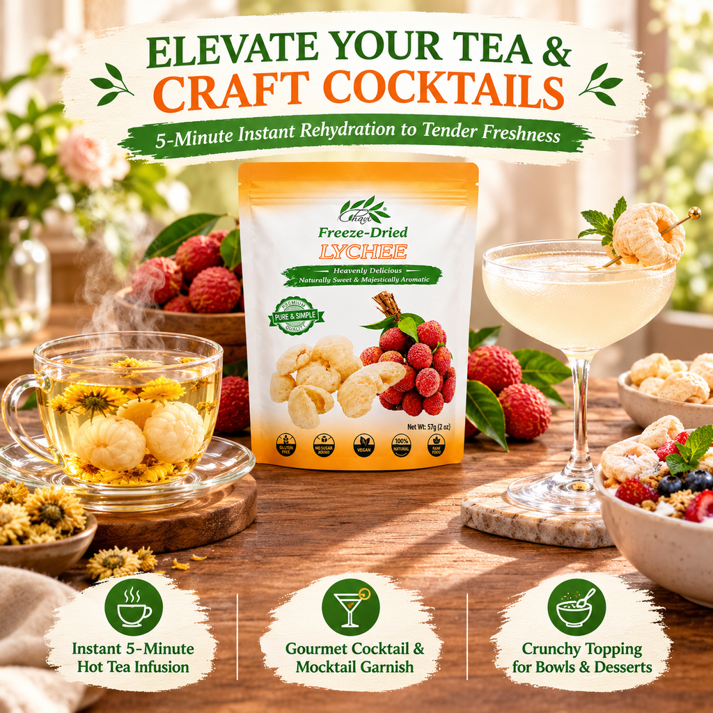 Crispy freeze-dried lychees infused in gourmet herbal tea and iced cocktails