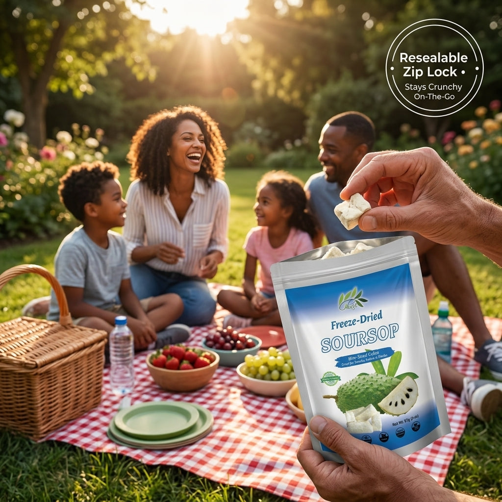 Portable resealable pouch of freeze-dried soursop fruit for outdoor picnic