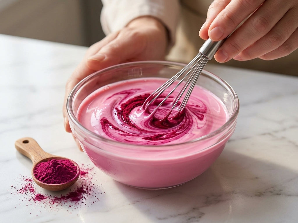 The Velvet Bloom technique dissolving freeze-dried red dragon fruit powder into warm heavy cream for clump-free natural pink food coloring