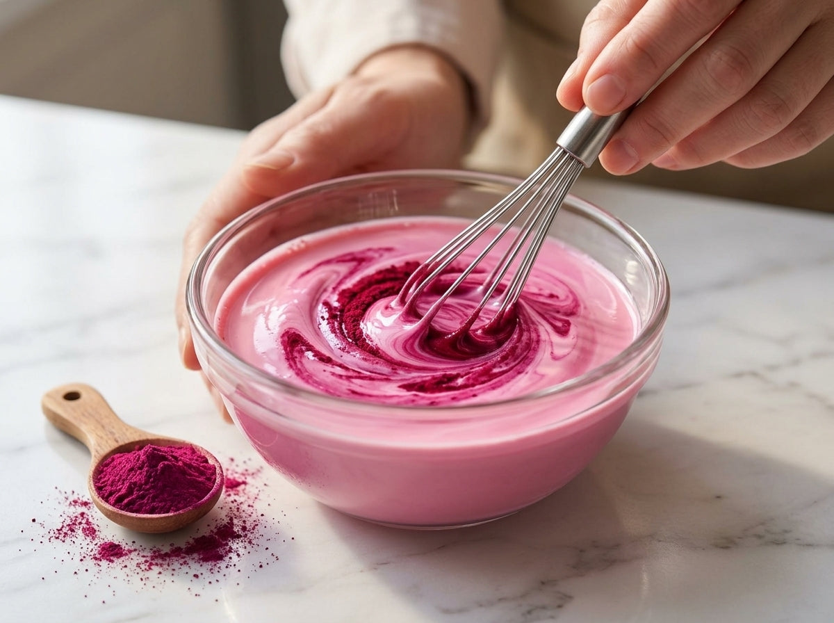 The Velvet Bloom technique dissolving freeze-dried red dragon fruit powder into warm heavy cream for clump-free natural pink food coloring