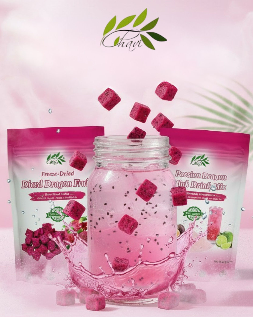 CHAVI pink drink 2-in-1 combo pack with passion dragonfruit drink mix and pouch of freeze-dried diced dragon fruit