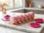 Delicate French macarons naturally colored with CHAVI freeze-dried pitaya powder baked under 300 degrees F with perfect ruffled feet