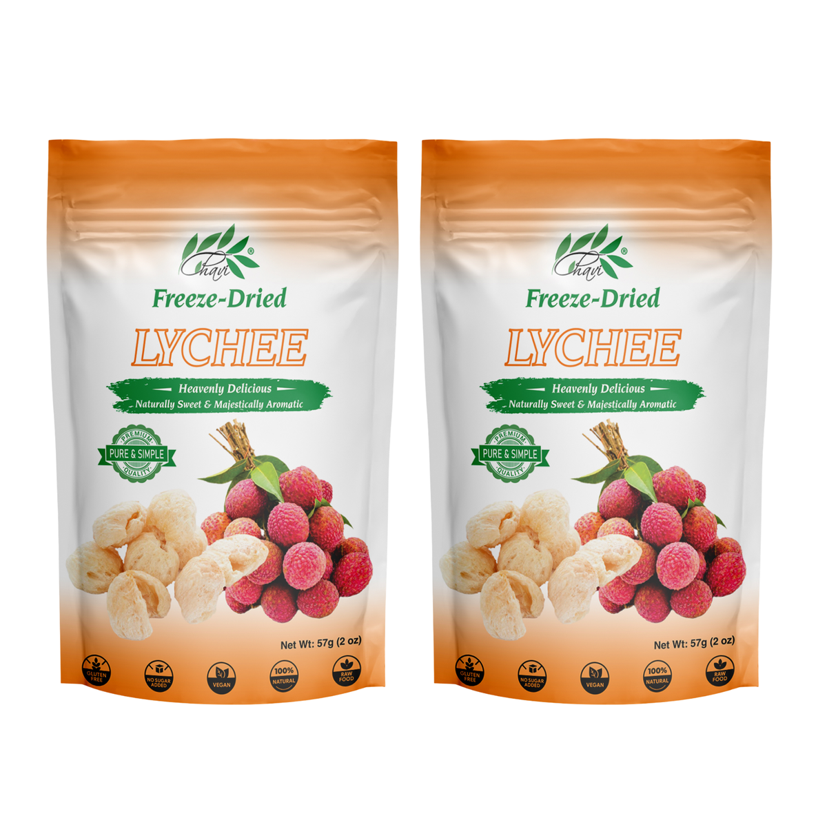 Two 2 oz pouches of CHAVI freeze-dried lychee 4 oz pack of 2
