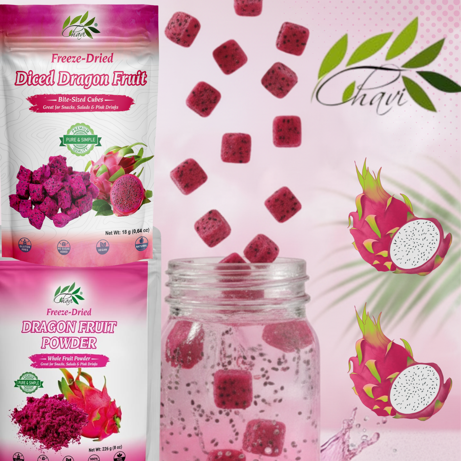 CHAVI Freeze-Dried Dragon Fruit Powder - 8 Oz - (Pink Pitaya/Pitahaya), For Shakes, Baking & Smoothie, No Added Sugars or Preservatives - Non-GMO, Vegan, Gluten-Free