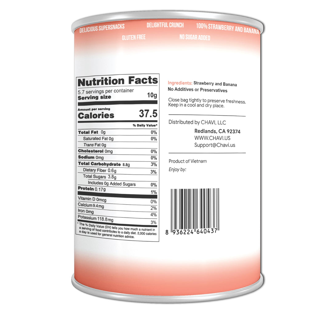 CHAVI freeze-dried strawberry banana nutrition facts and ingredients label 2 oz can