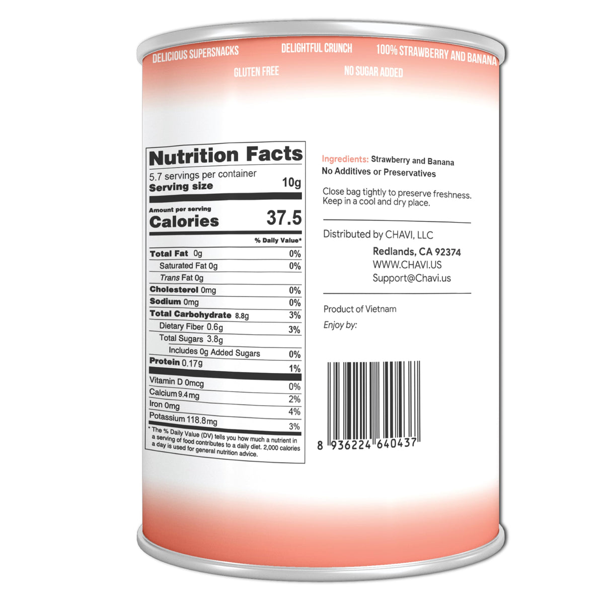 CHAVI freeze-dried strawberry banana nutrition facts and ingredients label 2 oz can