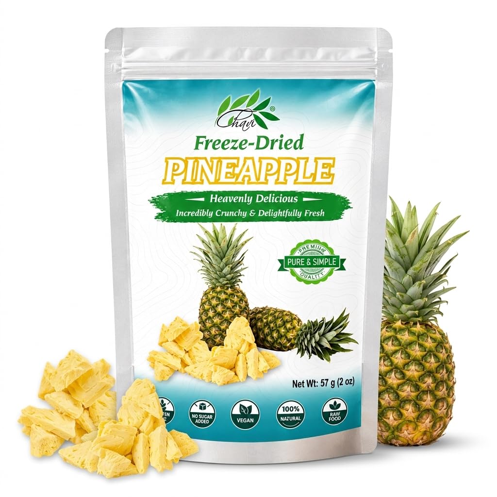 CHAVI freeze-dried pineapple chips 2 oz stand-up pouch with fresh golden pineapple slices