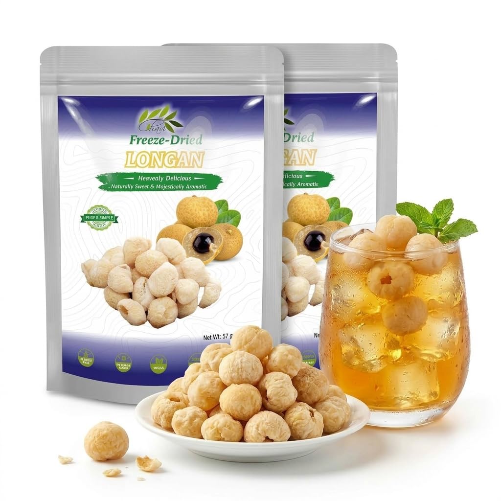 CHAVI freeze-dried longan 4 oz pack of 2 stand-up pouches with iced longan tea beverage