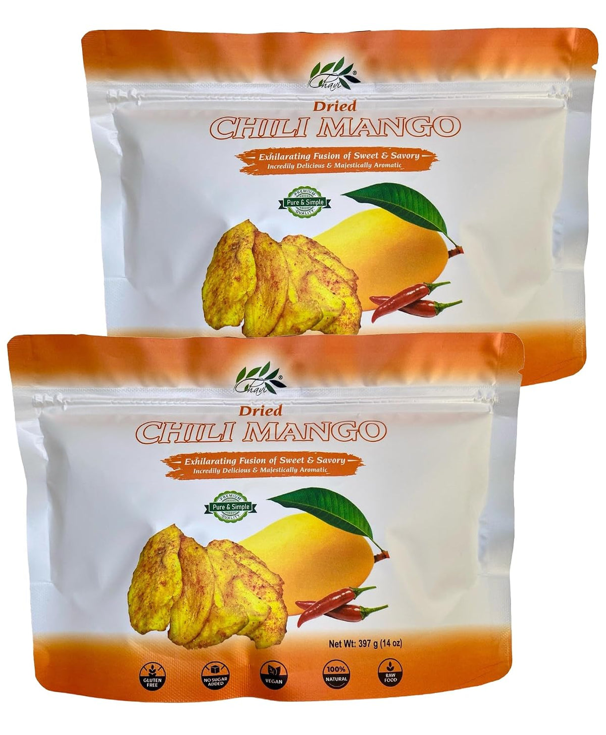 Two 14 oz pouches of CHAVI dried chili mango 28 oz pack of 2