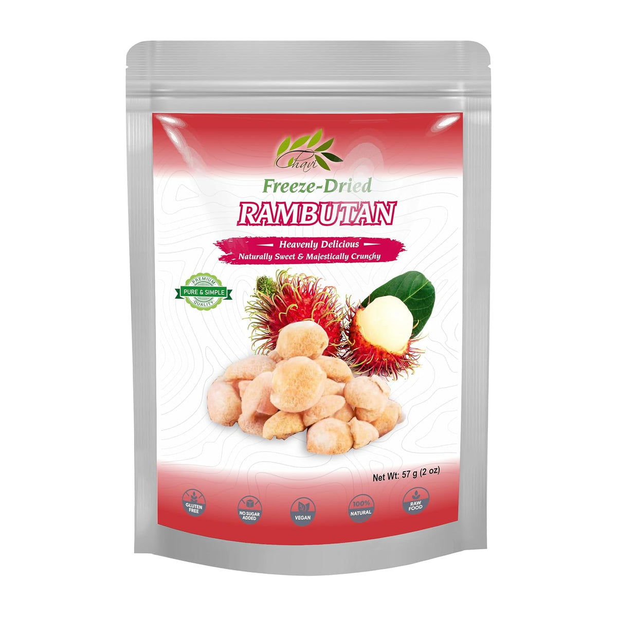 CHAVI freeze-dried whole rambutan 2 oz stand-up pouch with exotic tropical rambutan fruit