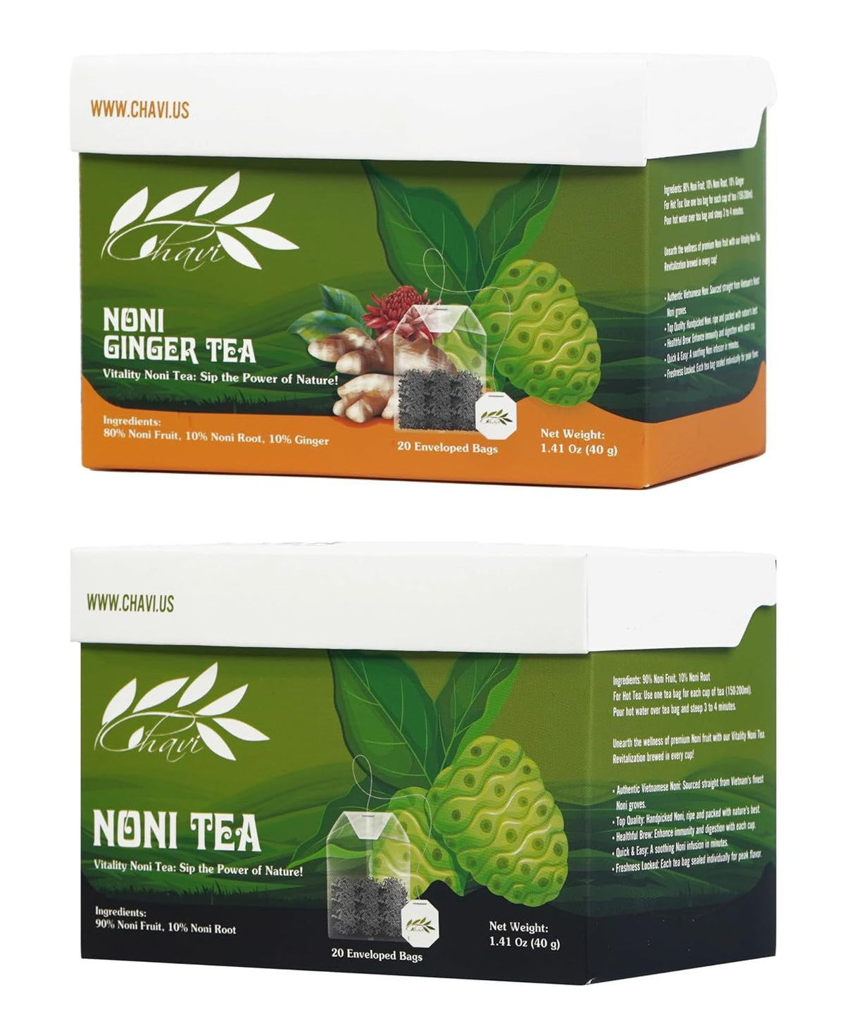 CHAVI noni tea and noni ginger tea combo 2 boxes 40 tea bags