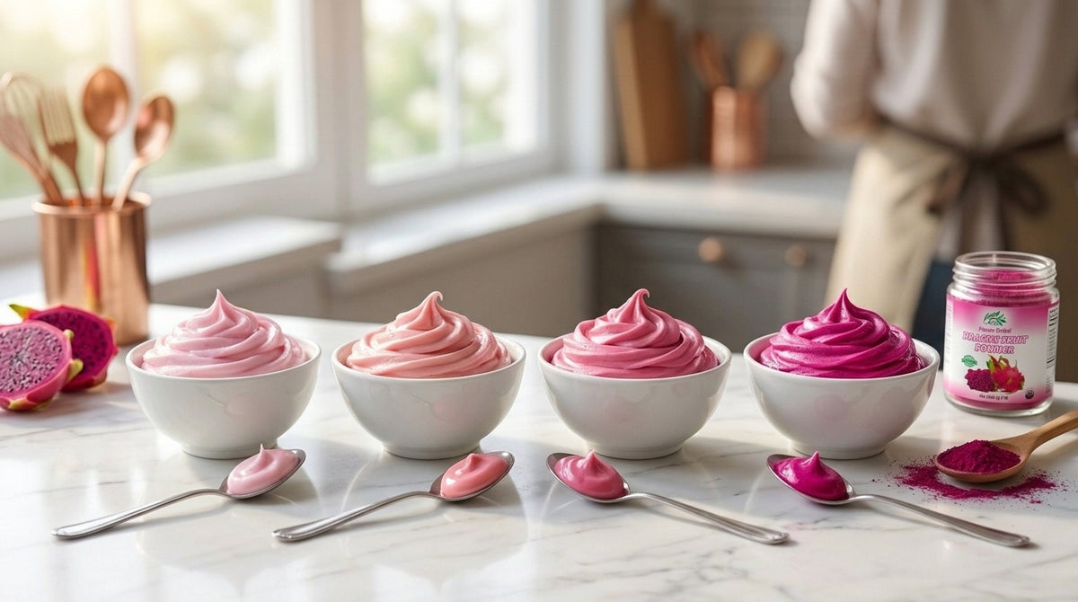 Natural pink buttercream frosting color gradient spectrum from baby pink to electric fuchsia using CHAVI pitaya powder measurement guide