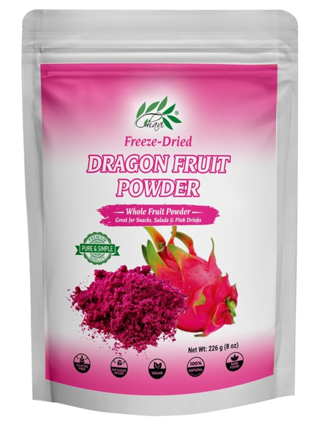 CHAVI Freeze-Dried Dragon Fruit Powder - 8 Oz - (Pink Pitaya/Pitahaya), For Shakes, Baking & Smoothie, No Added Sugars or Preservatives - Non-GMO, Vegan, Gluten-Free