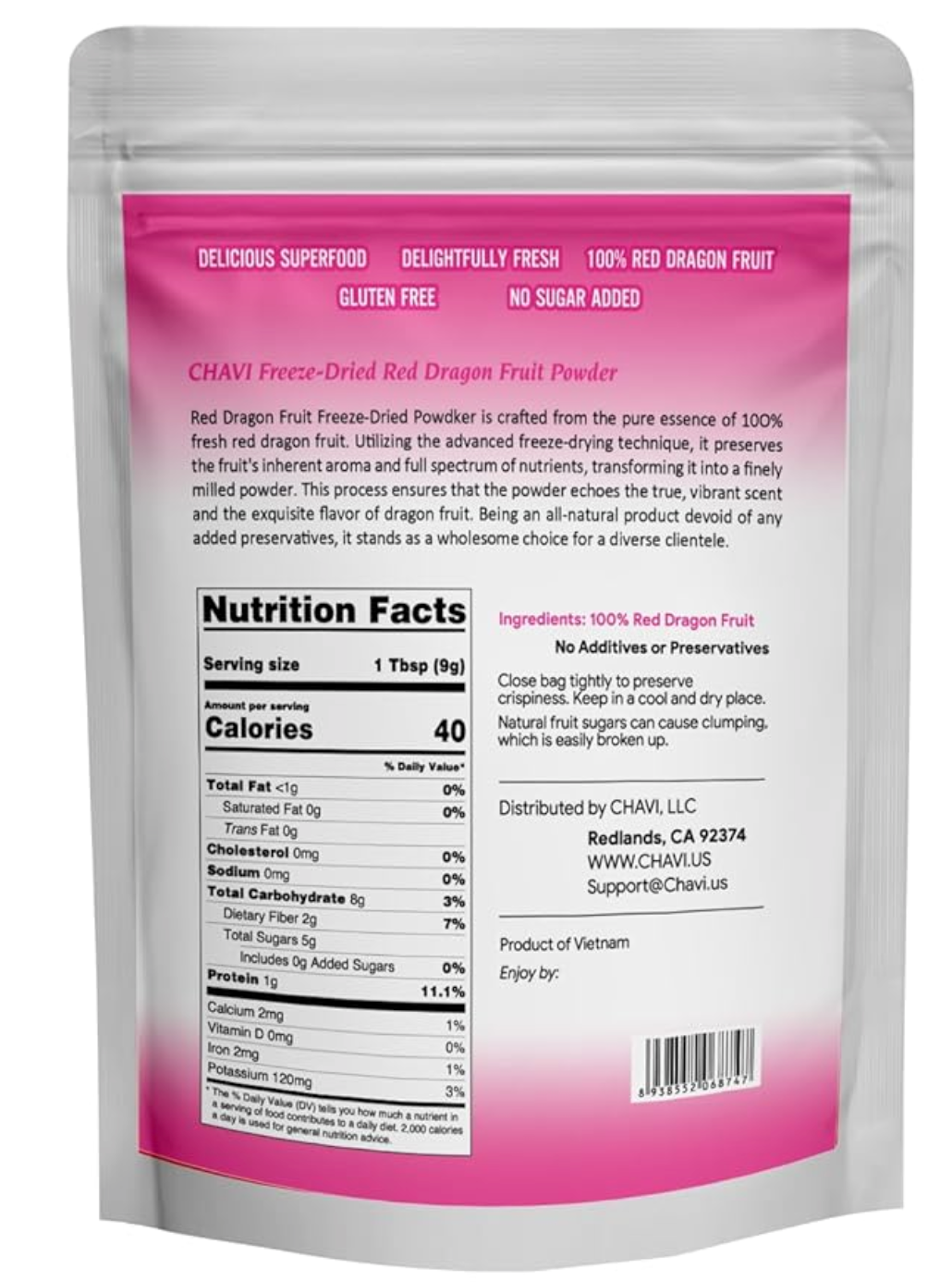 CHAVI Freeze-Dried Dragon Fruit Powder - 8 Oz - (Pink Pitaya/Pitahaya), For Shakes, Baking & Smoothie, No Added Sugars or Preservatives - Non-GMO, Vegan, Gluten-Free