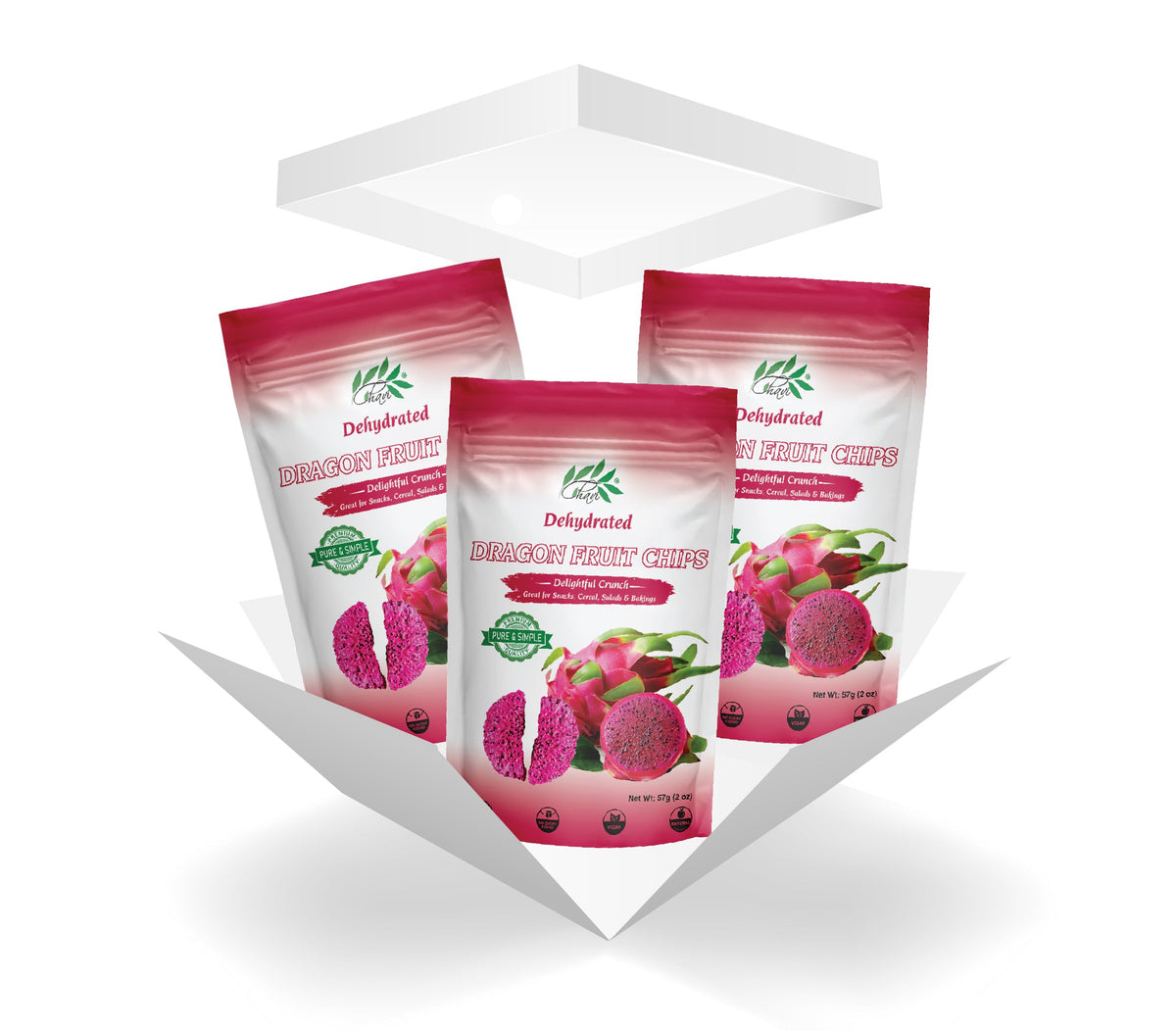Front packaging of CHAVI freeze-dried red dragon fruit chips 3-pack (6 oz)