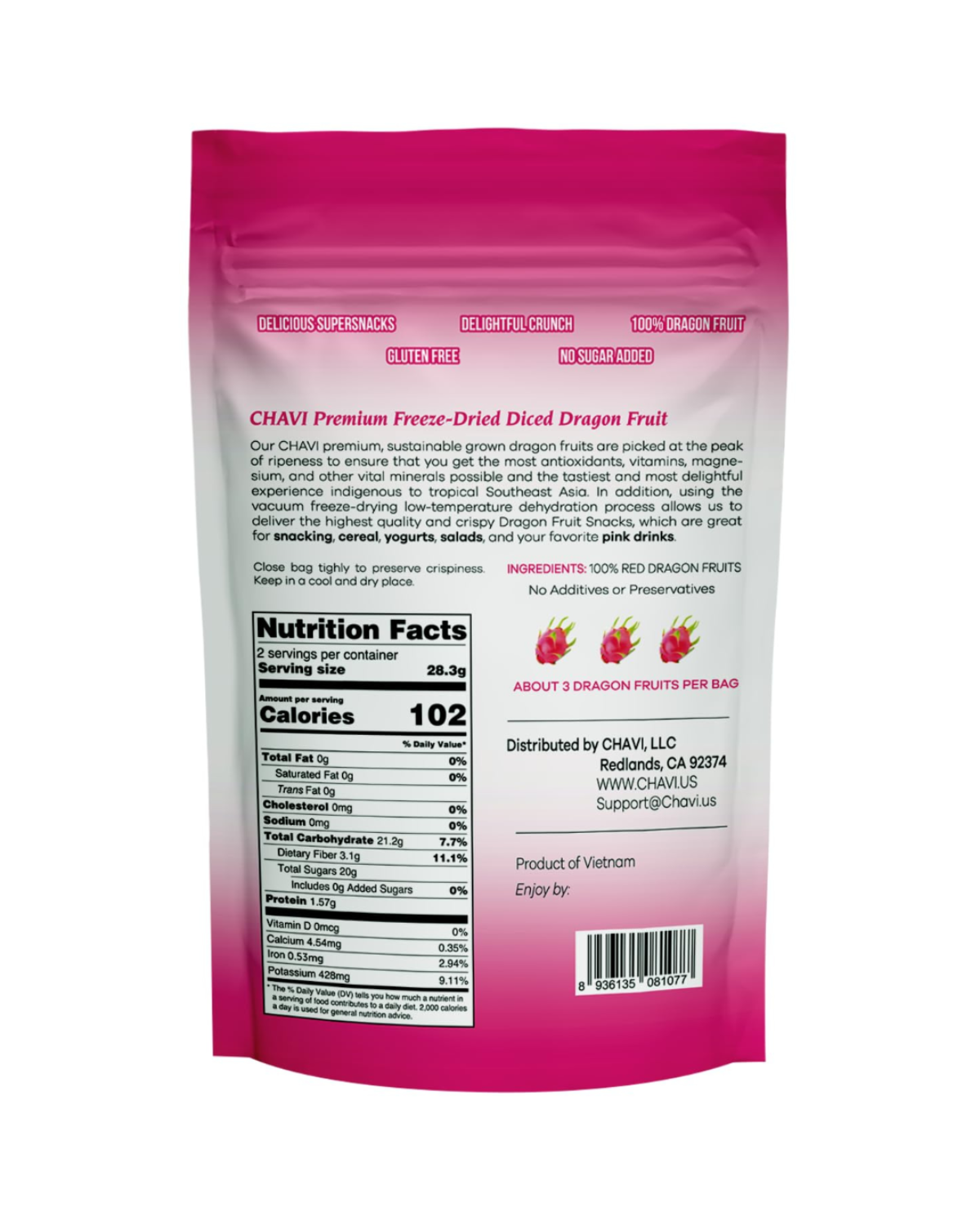 CHAVI Premium Freeze-Dried Diced Dragon Fruit packaging with nutrition facts and vibrant design.