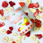 Overhead view of CHAVI freeze-dried strawberry banana can surrounded by crispy fruit slices