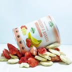 CHAVI freeze-dried strawberry and banana can resting on crispy golden banana and red strawberry chips