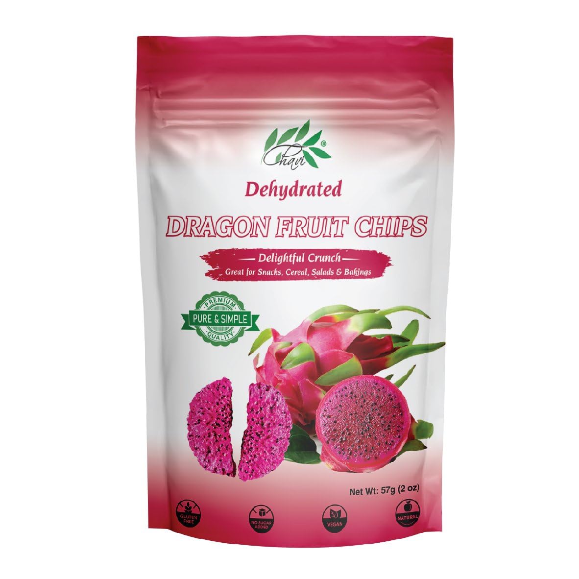 CHAVI Dragon Fruit Chips - Pack of 6 x 2 Oz - Healthy 1 Ingredient