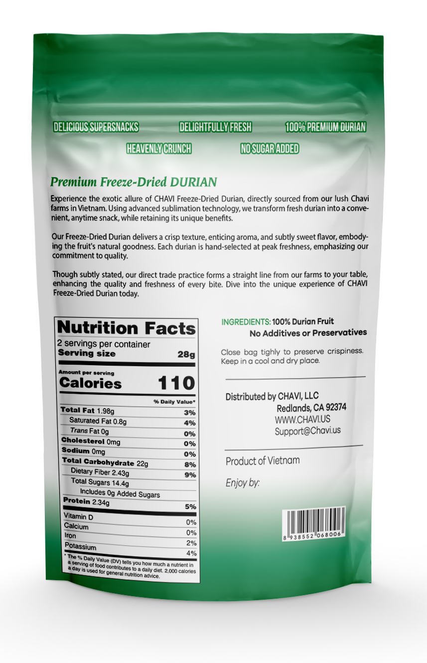 CHAVI Freeze-Dried Durian (King of Fruits) - 2 Oz - Healthy 1 Ingredient Superfood - Family Supersnacks - No Added Sugars or Preservatives - Non-GMO, Vegan, Gluten-Free…