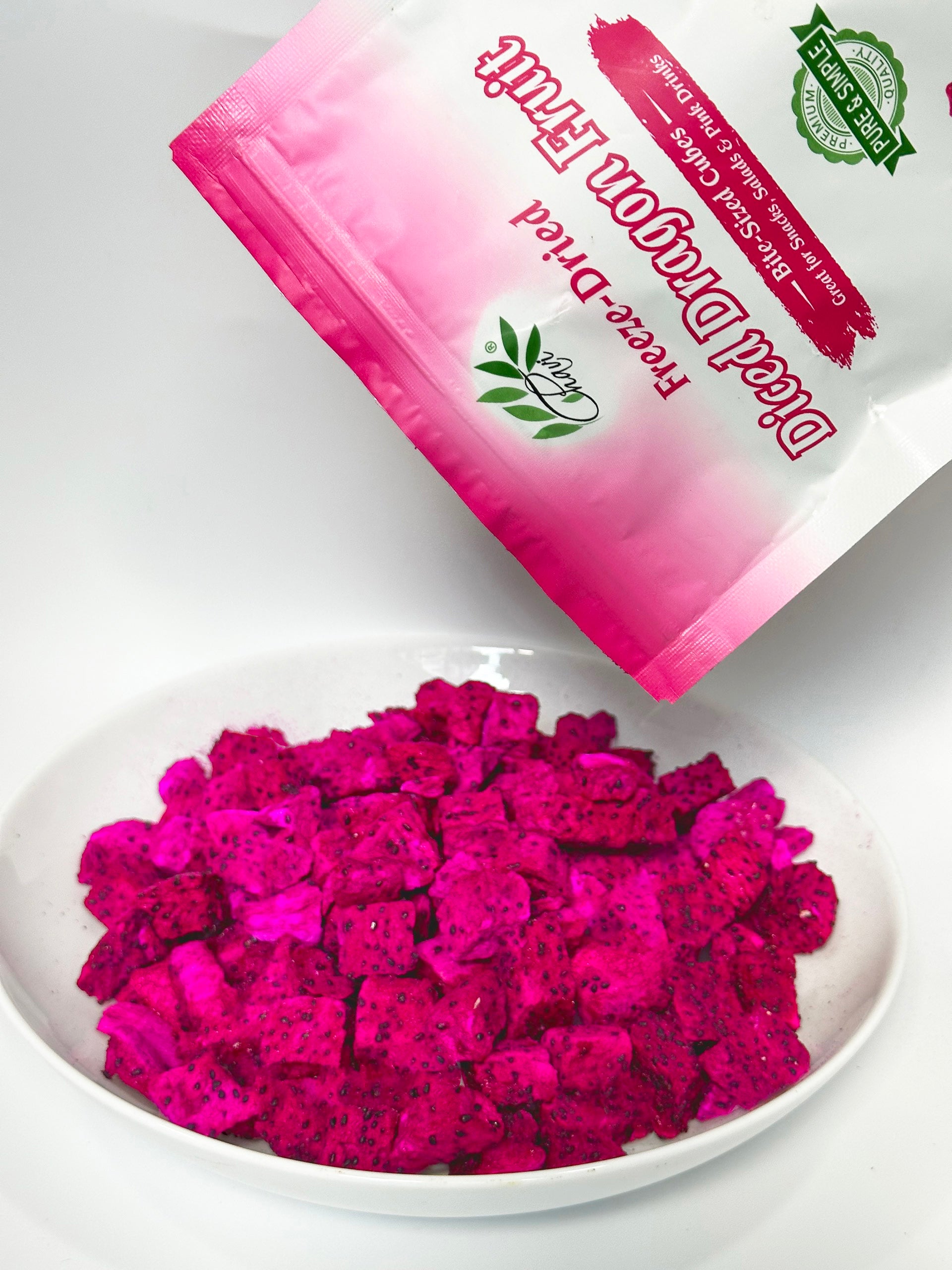 Close-up of freeze-dried dragon fruit slices showing texture and color